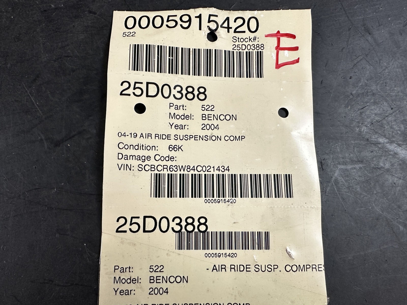 04-19 BENTLEY CONTINENTAL AIR RIDE SUSPENSION COMPRESSOR 15155000142