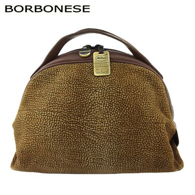 BORBONESE Vintage Mini Boston Bag Suede & Leather Quail Print Brown/Beige Gold