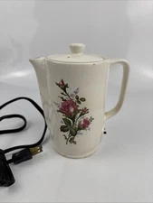 Vtg Hot Water Electric Kettle Tea Pot Porcelain 6" Heater Rose w/cord~Japan