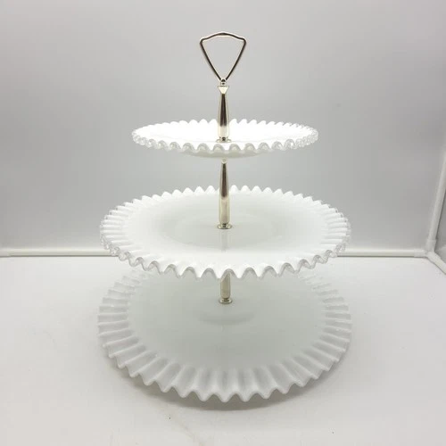 Vintage Fenton Silver Crest White Milk Glass 3 Tier Cupcake Server 14.5" Collaps