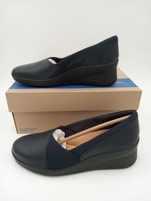 clarks navy blue dress shoes Womens Wedge Comfort Slip On Pumps Size 8 M running errands