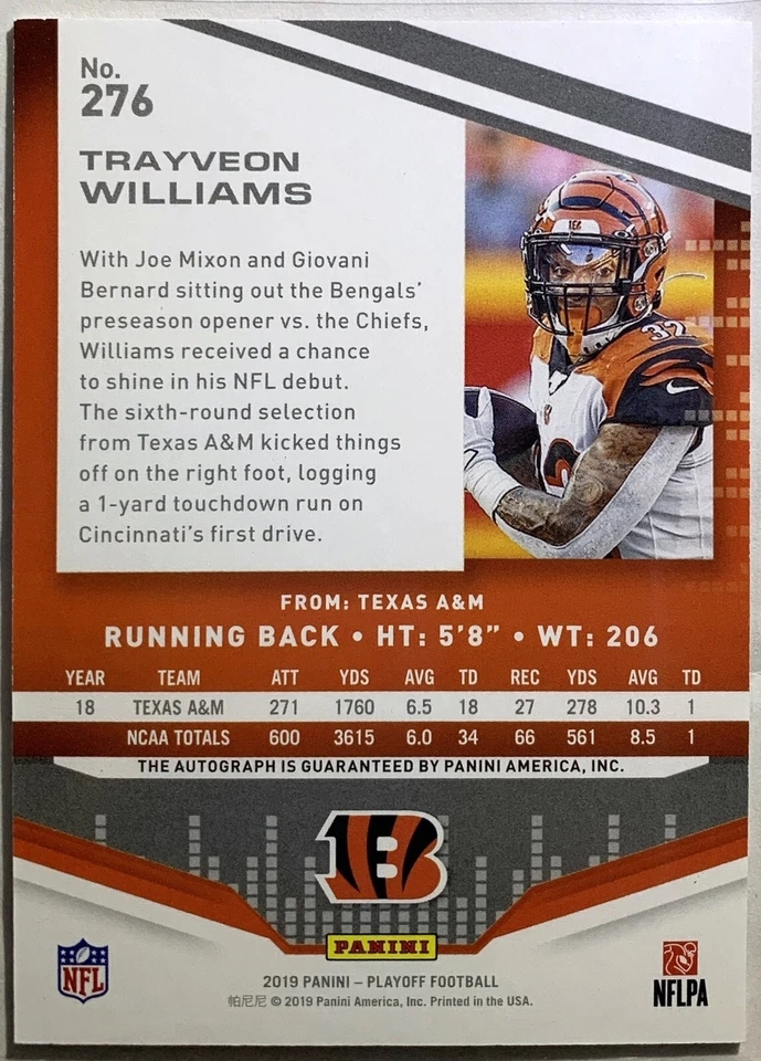 🔥TRAYVEON WILLIAMS RC2019 Panini Playoff Auto #276 BENGALS FREE SHIPPING🔥  - Image 3 of 4