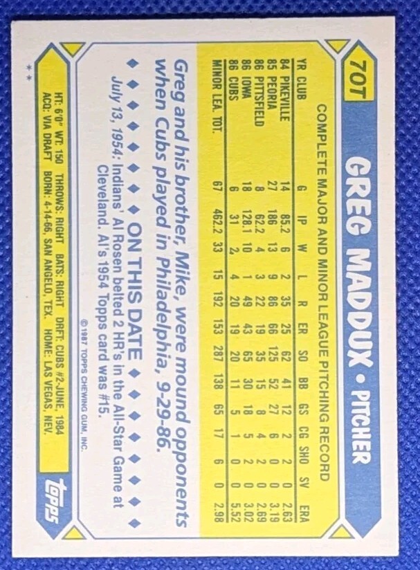 1987 Topps Traded GREG MADDUX RC 70T VG/EX Chicago Cubs eBay