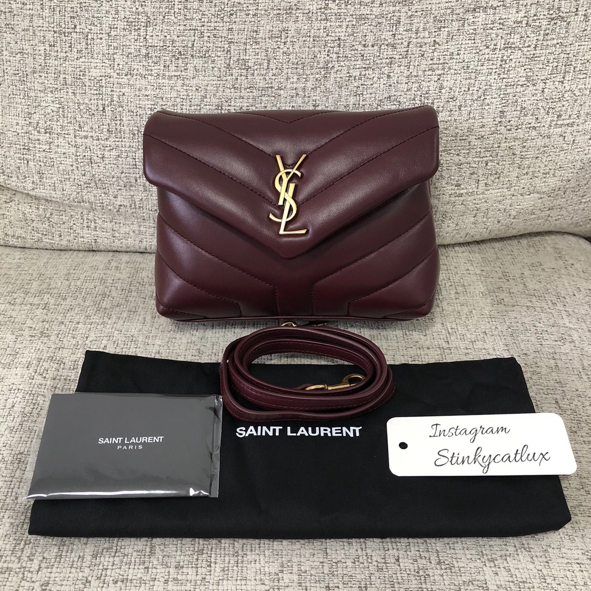 SAINT LAURENT burgundy leather MONOGRAM SHOPPING LARGE Tote Bag Grain de  Poudre