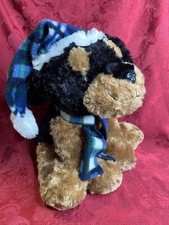 Plush Black Brown Dog puppy Plaid Hat Scarf 12" Sitting Stuffed Animal Toy