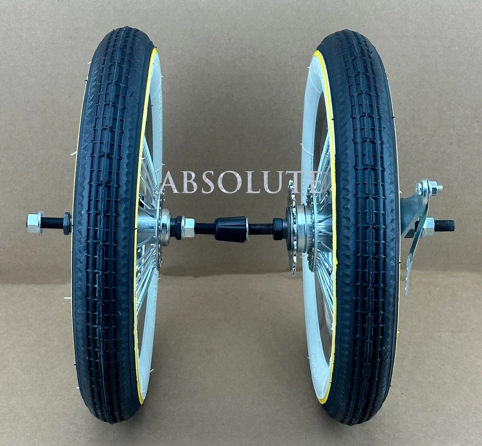 JUEGO DE RUEDAS DE BICICLETA 12" CROMADAS 52 RADIOS NEUMÁTICOS 14G WHITEWALL YELLOW LINE SLICK II. Foto 2 de 2