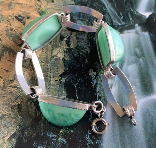 George Cahoone Art Deco Sterling Silver Guilloche & Peking Glass Bracelet - Picture 18 of 24