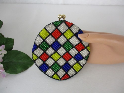 Vintage 80er Mod Colorblock Glasperlen Kiss Lock Geldbörse Made Korea - Bild 1 von 8