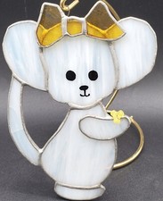 Suncatcher Slag  Stained Glass Mouse With Flower White Yellow Spring