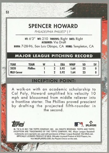 2021 Topps Inception Spencer Howard Rookie Green Parallel Phillies #53 - Picture 2 of 3