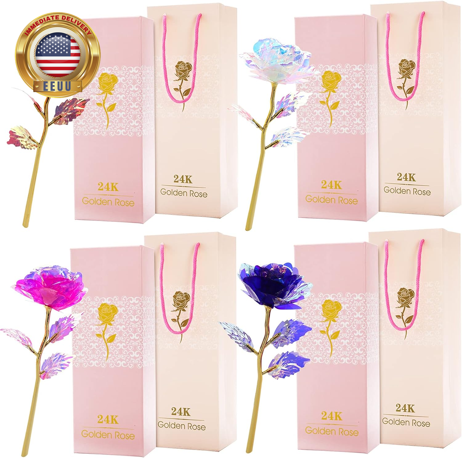 Set of 4 Rose Flower Present Golden Foil with Luxury Gift Box, 24K Colorful Rose