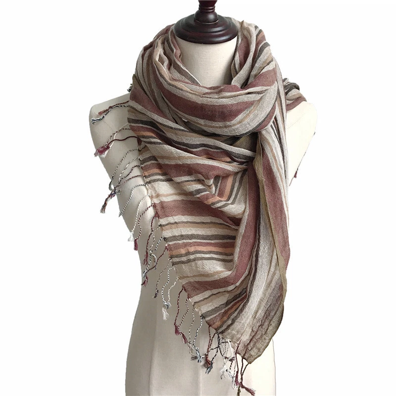 Women Men Linen Cotton Scarf Wrap Shawl Tassel Striped Lightweight Casual  Brown