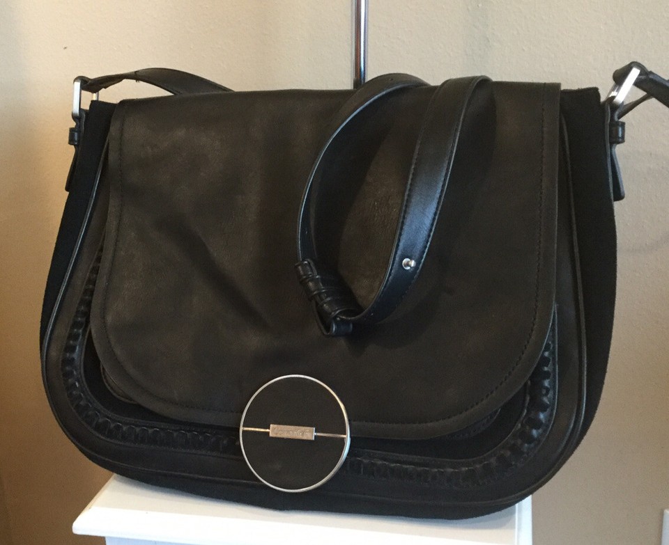 Calvin Klein Purse Shoulder Bag Black Suede And Faux Leather Black
