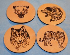 Handmade 4" Round Leather Handmade Coasters Dog Wolf Tiger Leopard