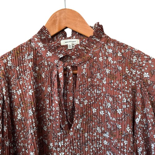 Max Studio rustikale braune Blumen Plissee hochgeschlossen Bluse Top Schlüsselloch gesmokt L - Bild 3 von 8