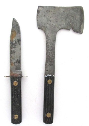Vintage Hand Forged Steel Notched Hatchet Fixed Blade Hunting Knife Set Camping