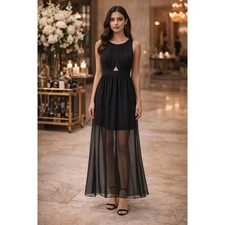 The Hanger Black Chiffon Maxi Dress Pleated Cutout Open Back Sheer Overlay Small
