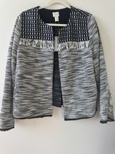 NWT Chico  s Black White Blue Tweed Novelty Piece Jacket Blazer Fringe Sz 2