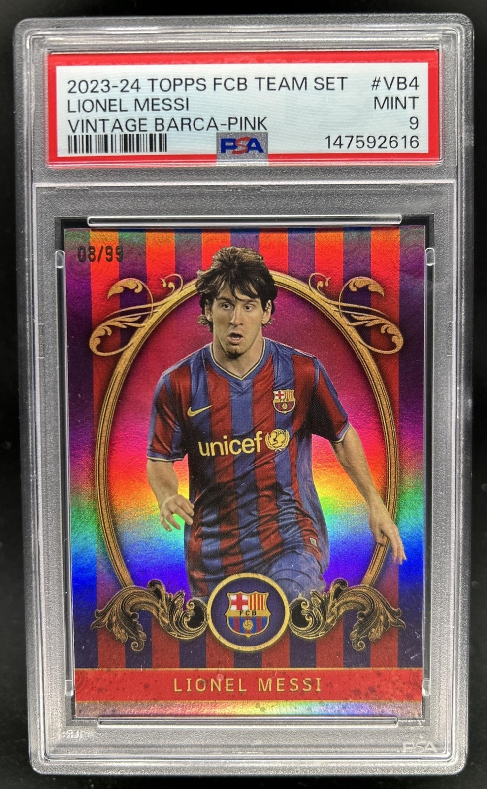 2023-24 Topps FC Barcelona Team Lionel Messi Vintage Barca Pink #/99 PSA 9 view 1