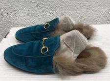 Gucci Princetown Fur Mules Horsebit Blue Velvet Flats EU 36 US 6 BB43