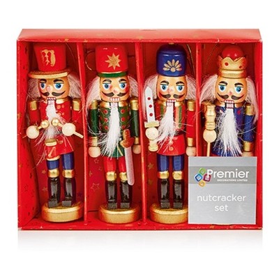 Premier Holz Weihnachten 4-teiliges Nussknacker Set Baumschmuck Ornament 12,5 cm