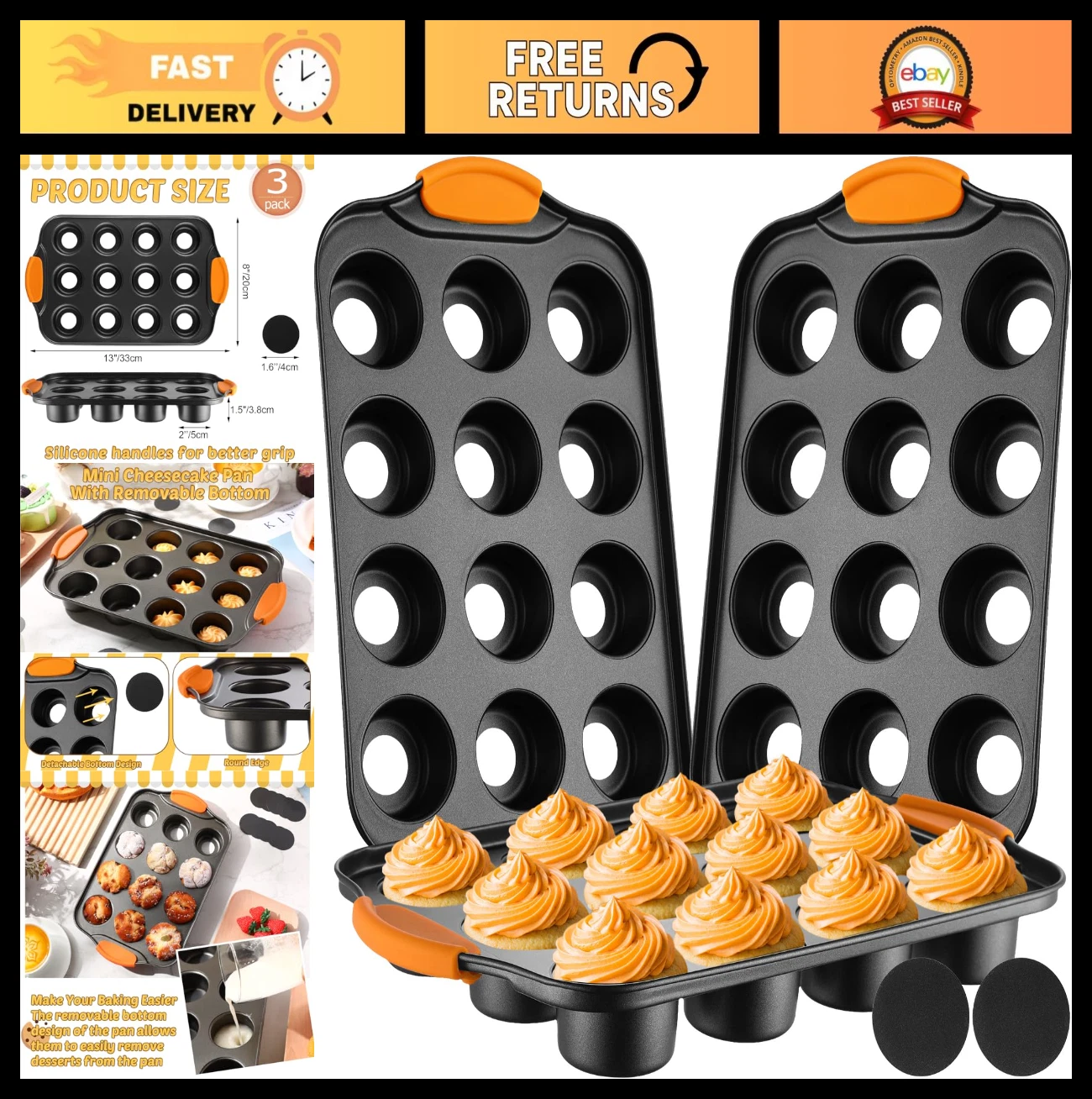 3 Pack Mini Cheesecake Pans with Removable Bottoms, Nonstick Muffin Mold, 12 Cav