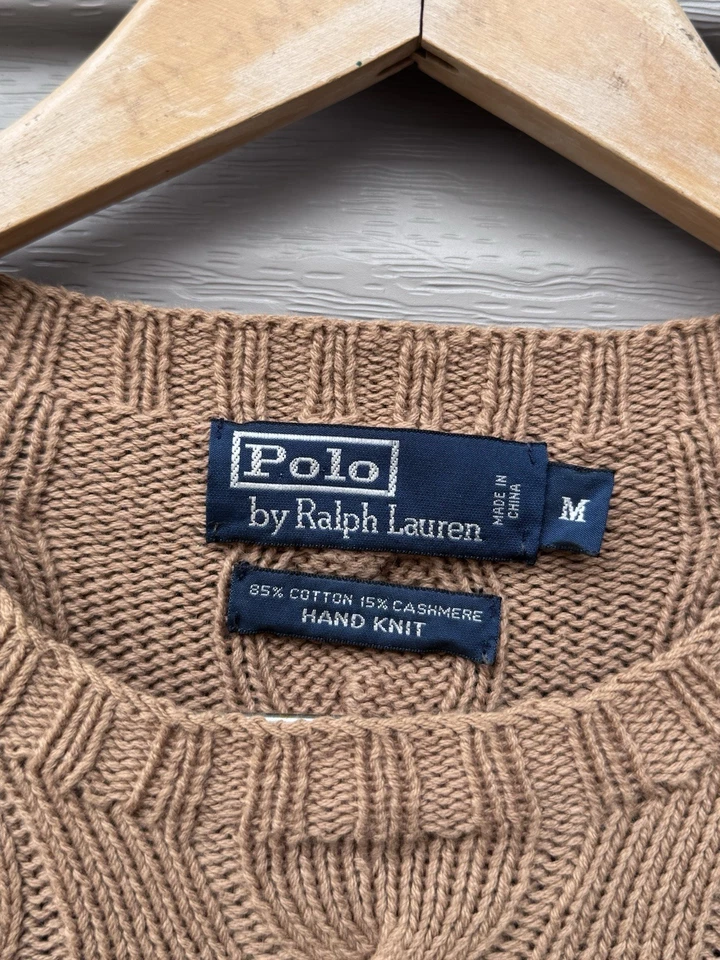Polo Ralph Lauren Cachemira Algodón Grueso Tejido a Mano Suéter Marrón Camel Hombres M Foto 2 de 4
