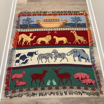 Vintage Goodwin Weavers Noah's Ark Tapestry Blanket Throw Size