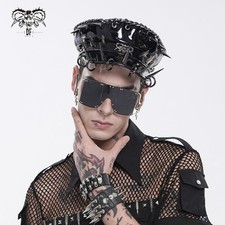 Devil Fashion Black Gothic Punk Spiked Leather Hat with Rings  Biker Beret Hat