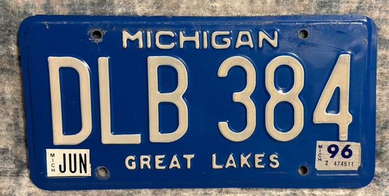 Michigan Great Lakes License Plate June 1996 Tabs - DLB 384 - 99 cent sale