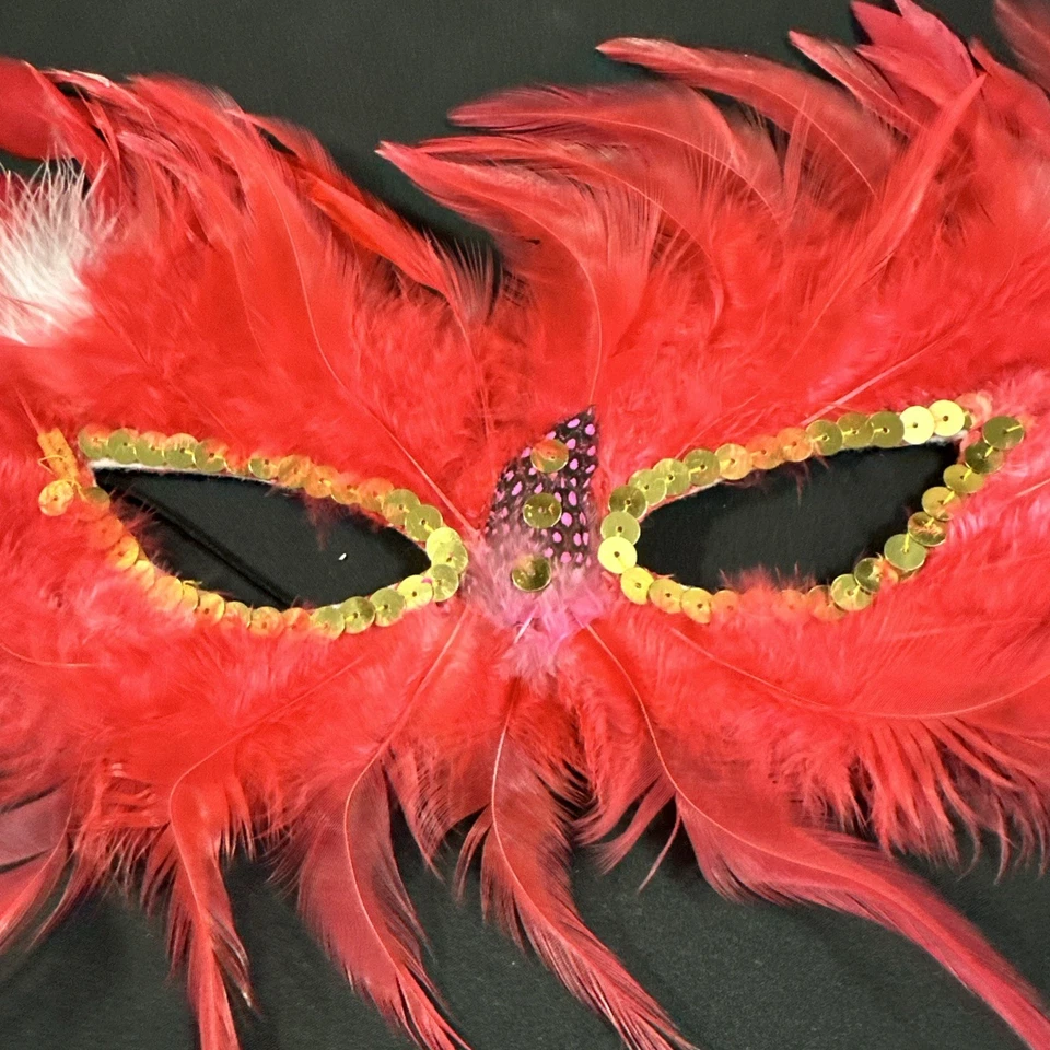 Red Gold Masquerade Ball Mask Costume Halloween Cosplay Feathers Lace Sequins - Image 2 of 4