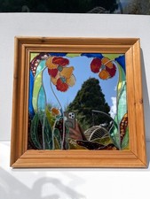 Vintage stained glass floral poppies mirror in wooden frame signed