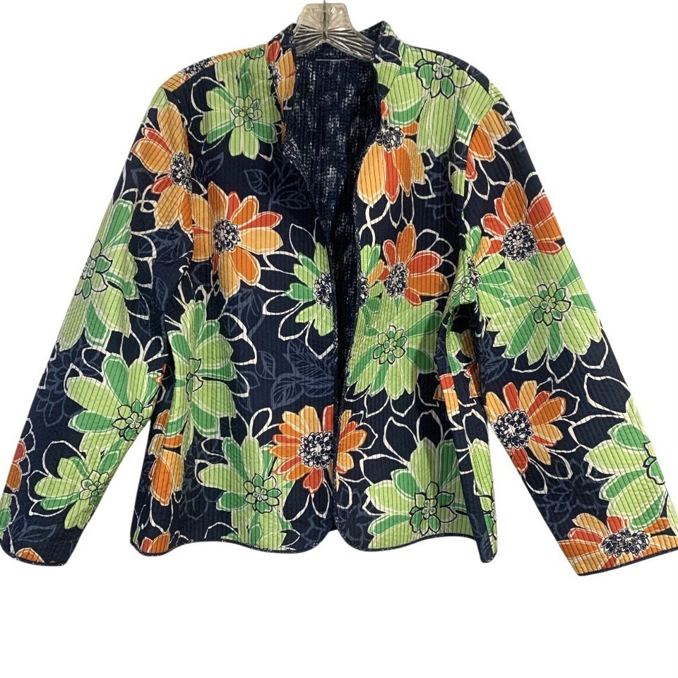 Chaqueta Acolchada Reversible Alfred Dunner Floral Azul Verde Naranja Mujer’s Talla L Foto 2 de 4