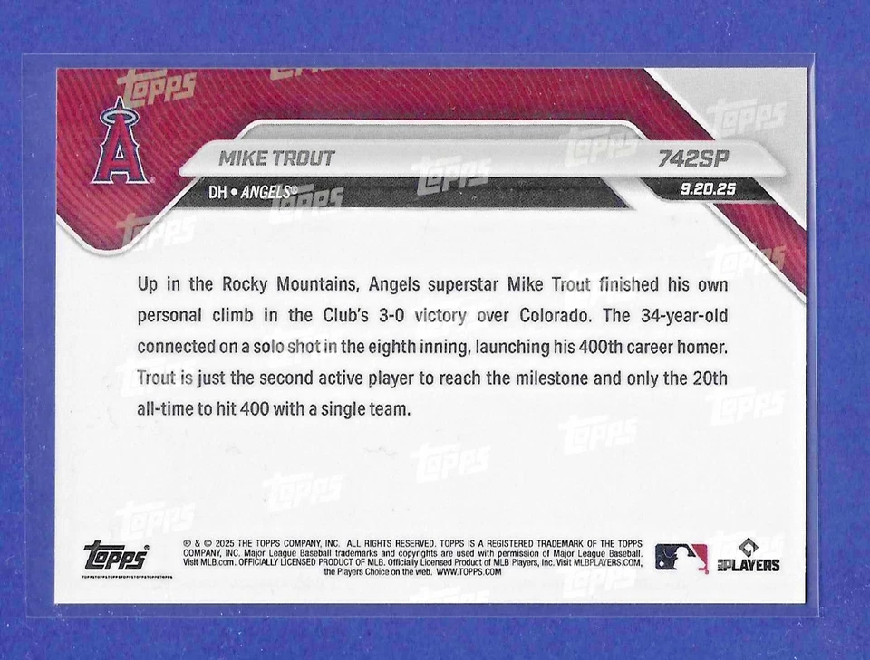 Topps Now Mike Trout 400 Home Run Club Variación de Imagen Impresión Corta 742SP ¡RARO! Foto 2 de 2