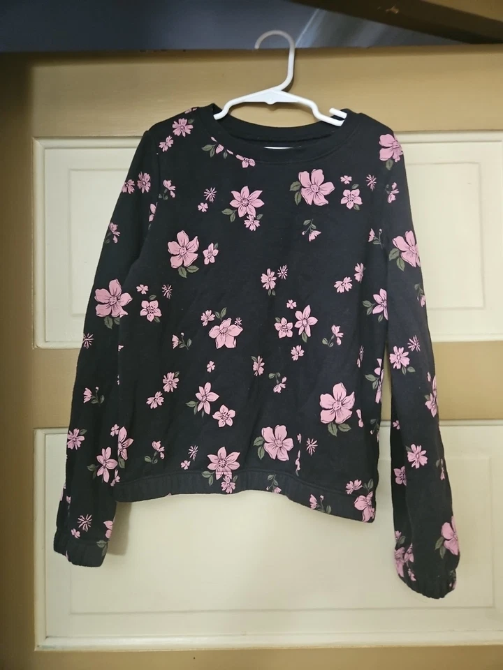 Kids/ Girl's Black Floral Gap Sweatshirt With Elastic Sleeve Bottoms,  Size 8 - Image 2 of 4