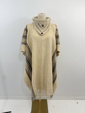 Vintage Wool Poncho Natural Cream  Gray Fringe Shawl Collar Boho Western Hippie