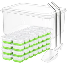 56pcs Ice Cube Tray with Lid and Bin – Stackable 4 Trays Silicone Plastic Fre...