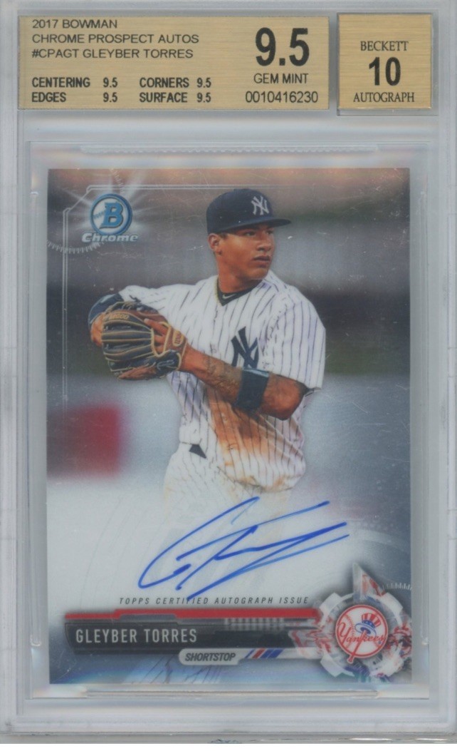 2017 BOWMAN CHROME PROSPECT AUTOS #CPAGT GLEYBER TORRES RC BGS 9.5 AUTO 10