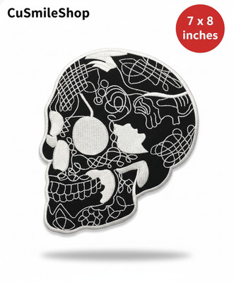 Decorative Skull Black and White Embroidered Gothic Patch Large 7 x 8 Inches