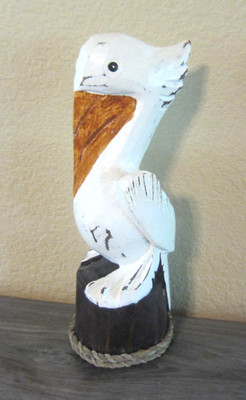 Hand Carved Wooden Pelican Bird White Rustic Finish Art Statue Nautical Beach