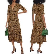 Ganni Anna Printed Crepe Midi Wrap Dress Yellow Floral Size 32 US 0 fits 4 NWT