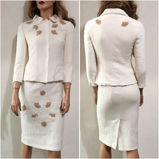 🆓US🛃  Dolce&Gabbana Floral Lace trimmed Ivory beige tweed dress & jacket IT 40