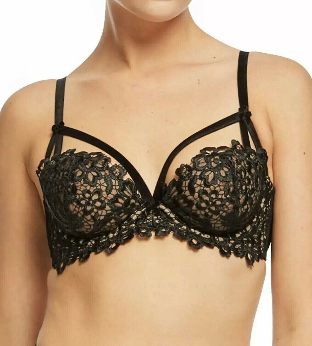 Dita Von Teese Bra Dahlia Size 36G Black Lace Strapping Underwired Balcony 58457