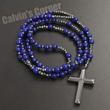 Lapis Lazuli Black Hematite Rosary Necklace Catholic Christ Cross Men Women Gift