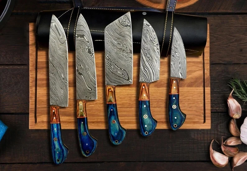 HAND FORGED DAMASCUS STEEL CHEF KNIFE Set Kitchen Knives