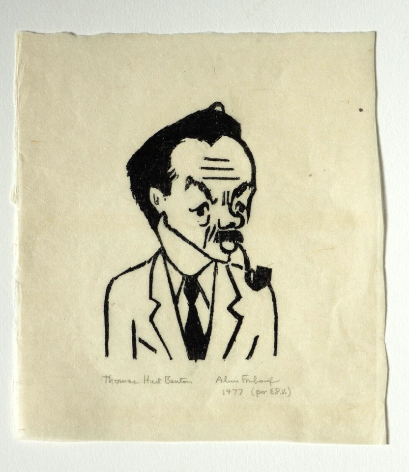 Lápiz firmado Aline Fruhauf "Thomas Hart Benton" Blockprint 1977 A/P titulado Foto 2 de 3