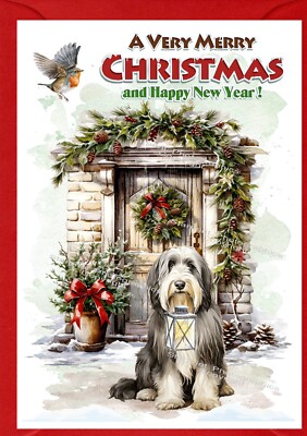 Weihnachtskarte Bearded Collie Hund A6 (4 Zoll x 6 Zoll) (innen leer) Design von Starprint