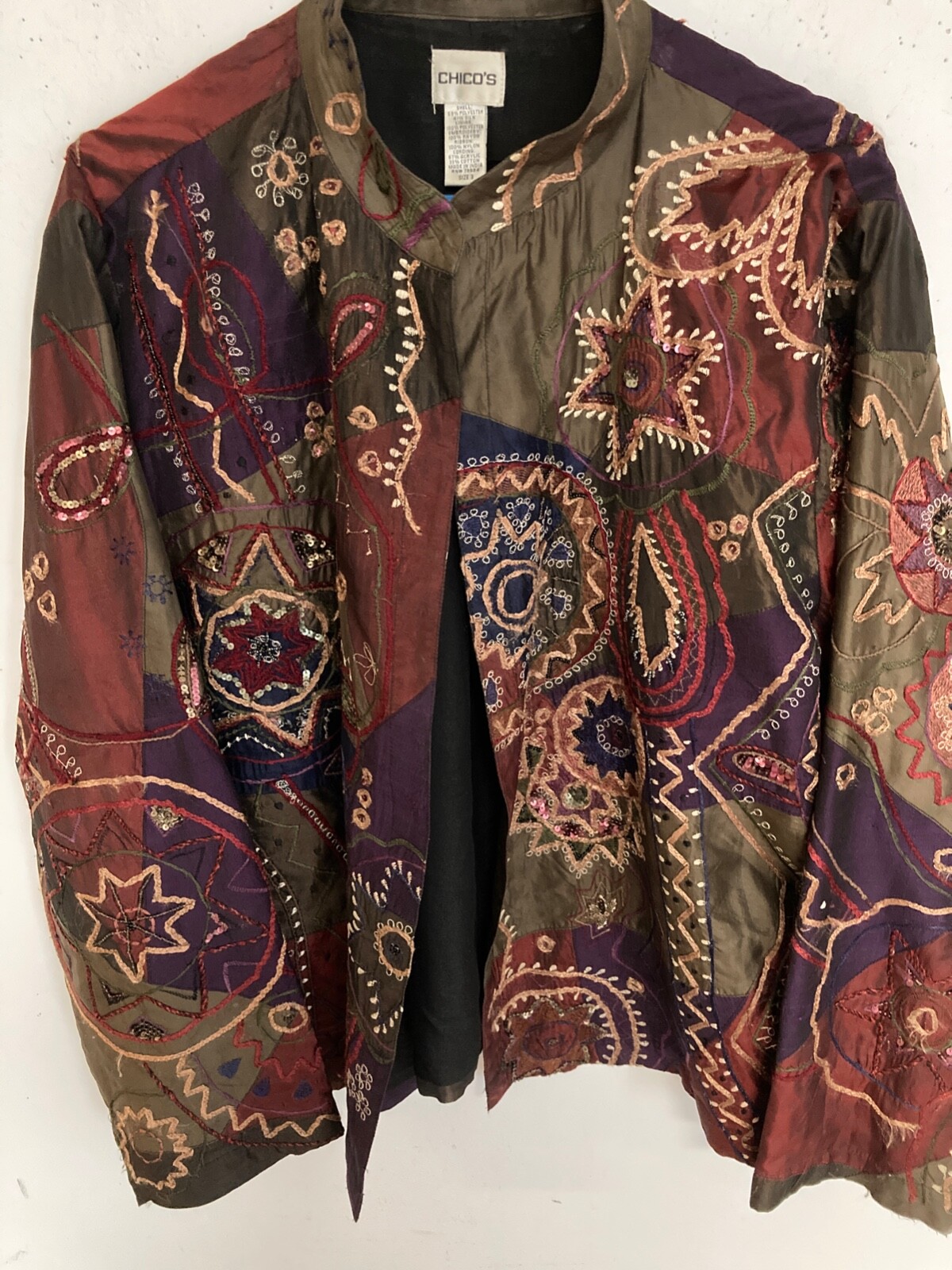 Vintage Chico's Silk Blend Patchwork Open Front B… - image 1