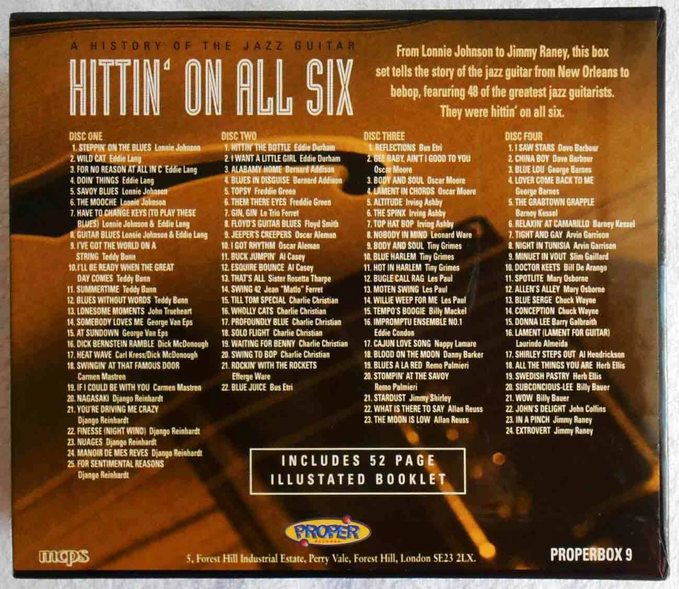 4CD Box Hittin´ On All Six - History of the Jazz Guitar (Proper)w/ 52 pg.Booklet - Bild 2 von 2