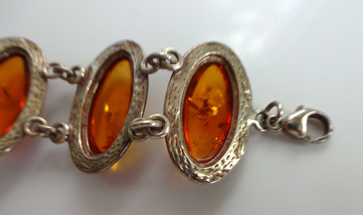 Bracelet Vintage En Argent Massif 925 Avec Gros Cabochon D'ambre - Occasion - Bijou Unique